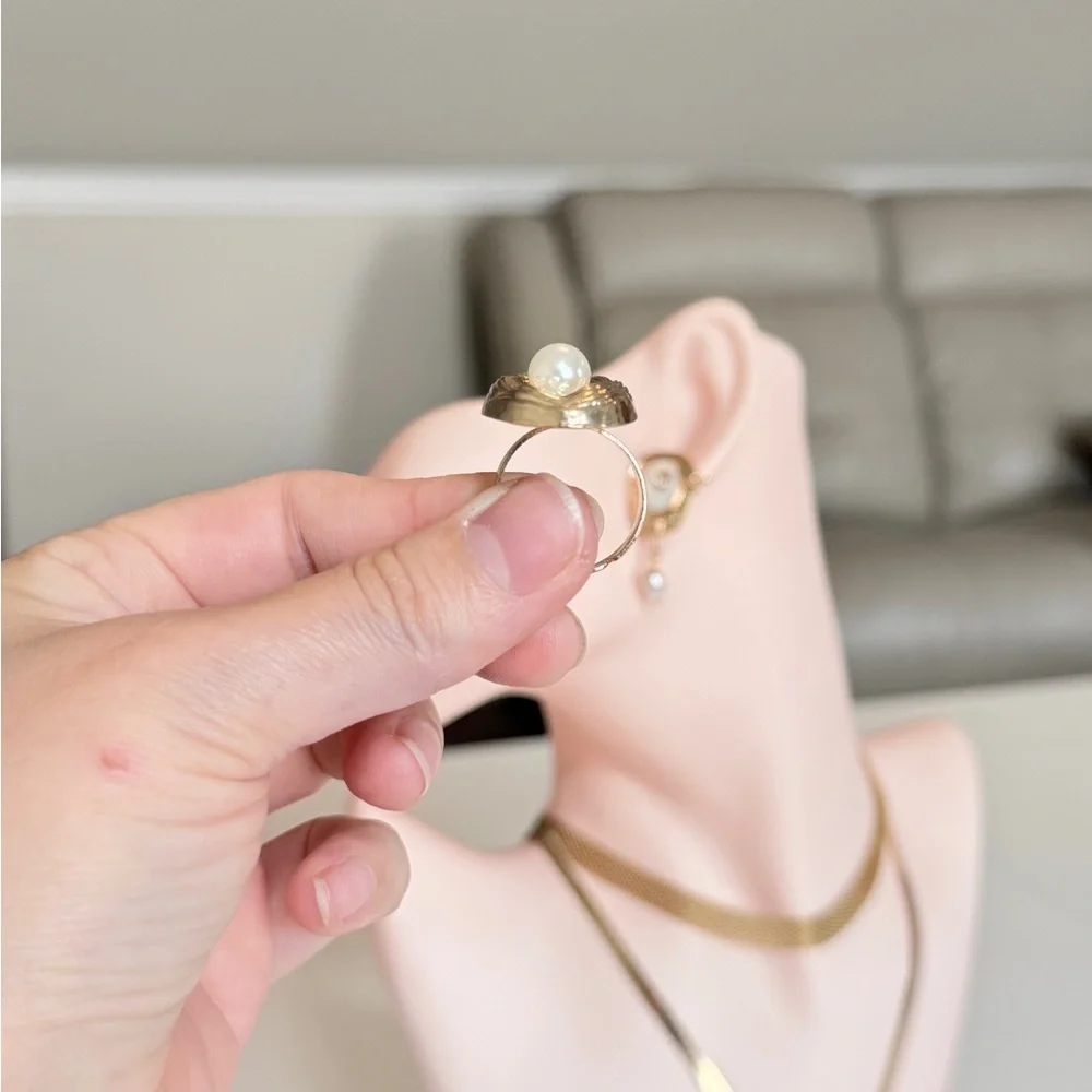 Gold Textured Ring with White Pearl - Women Jewelry